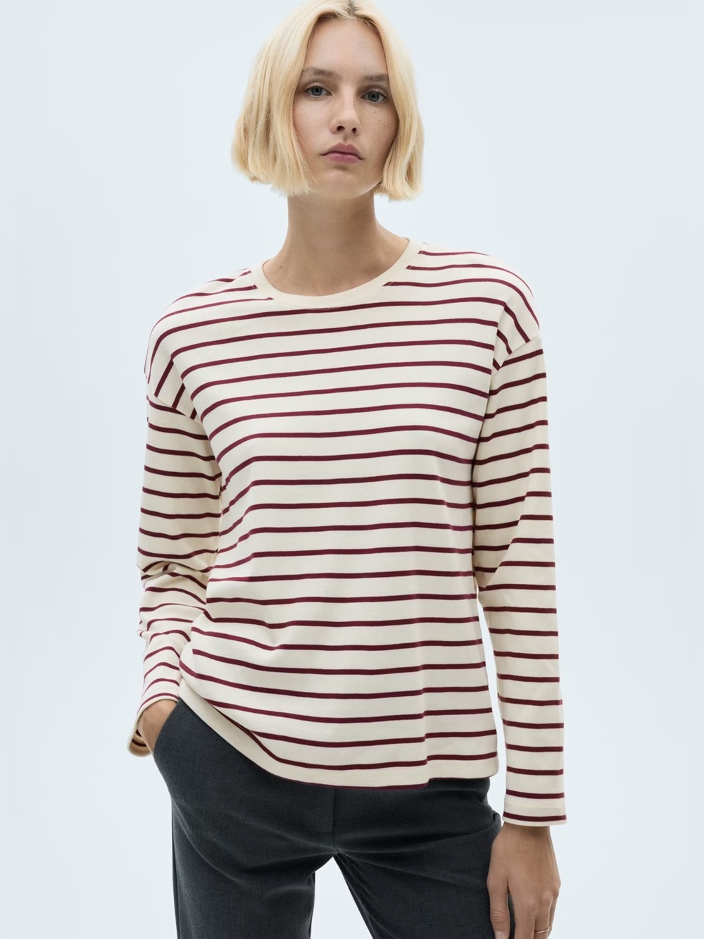 EUC MANGO S Cotton Ecru Burgundy Stripe Drop Shoulder Long Sleeve Tee Shirt Top